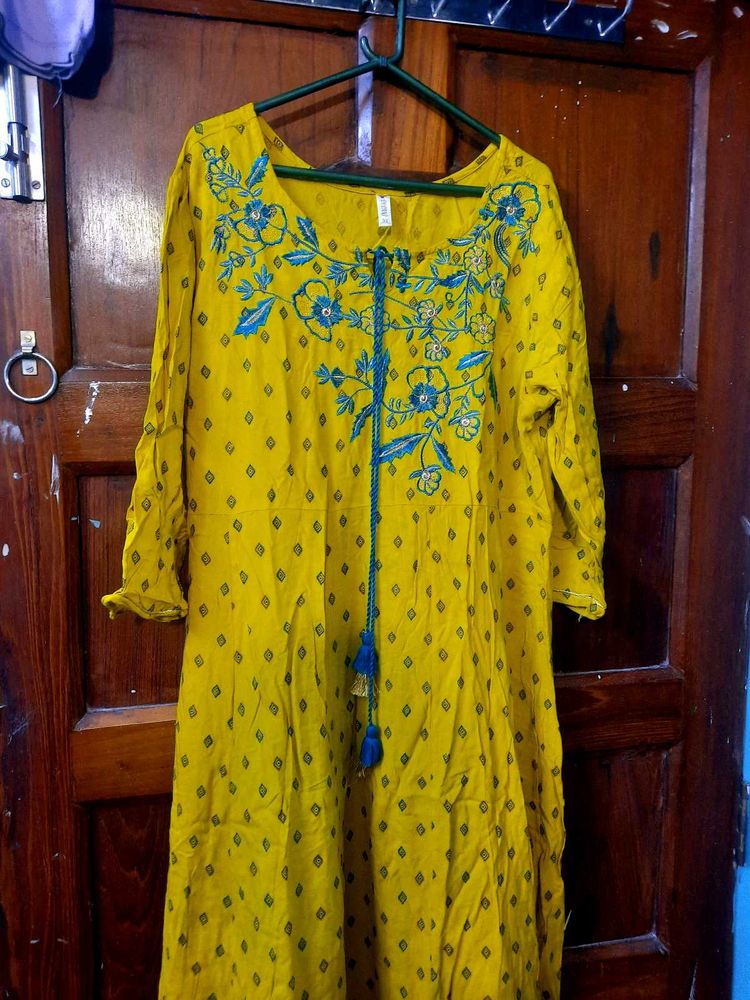 Vibrant Yellow Embroidered Long Kurti