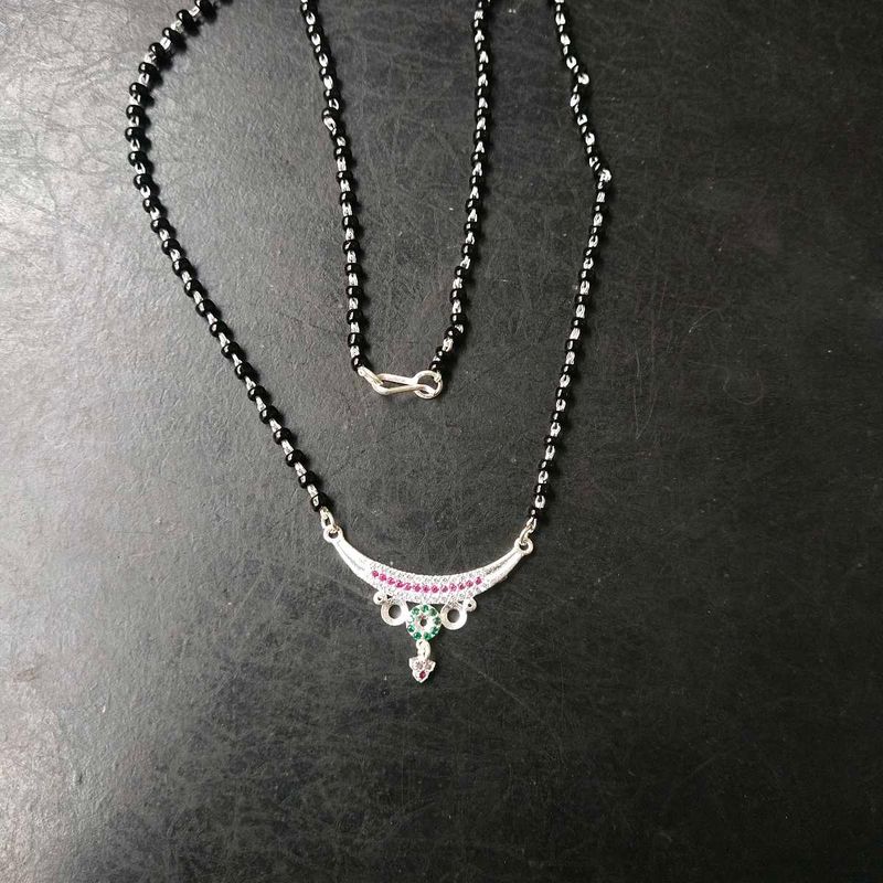 Pure Silver Beautiful Green &amp; Pink CZ Mangalsutra