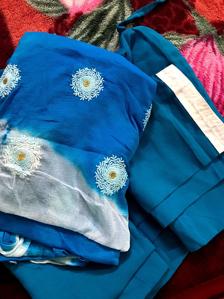 Blue Silk Patiyala Pant And Blue And White Embroidered Dhuppata