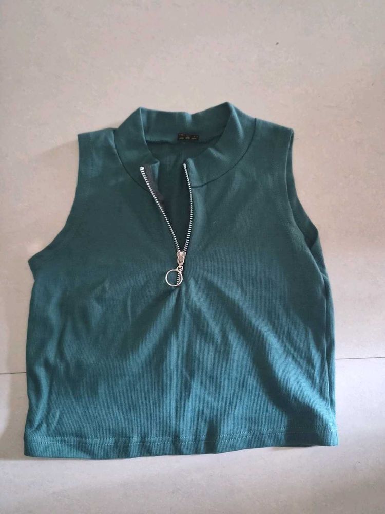 Teal Zip Neck Sleeveless Top
