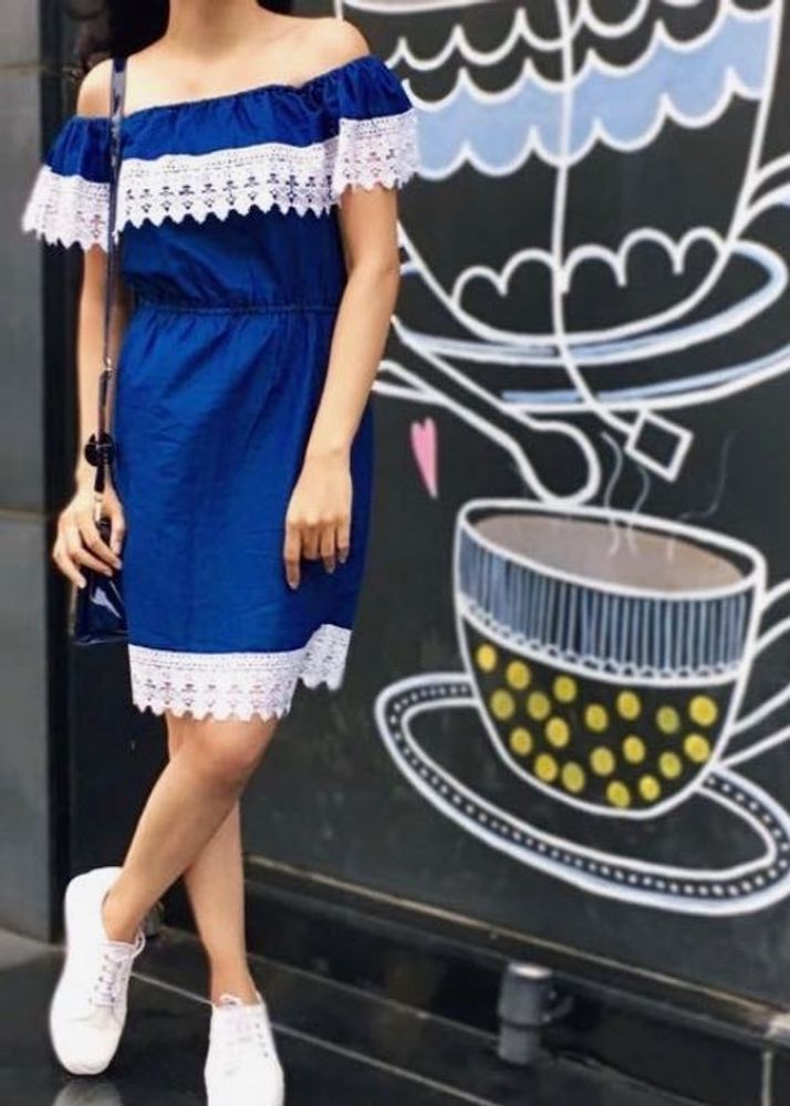 Blue Off-Shoulder Denim Dress
