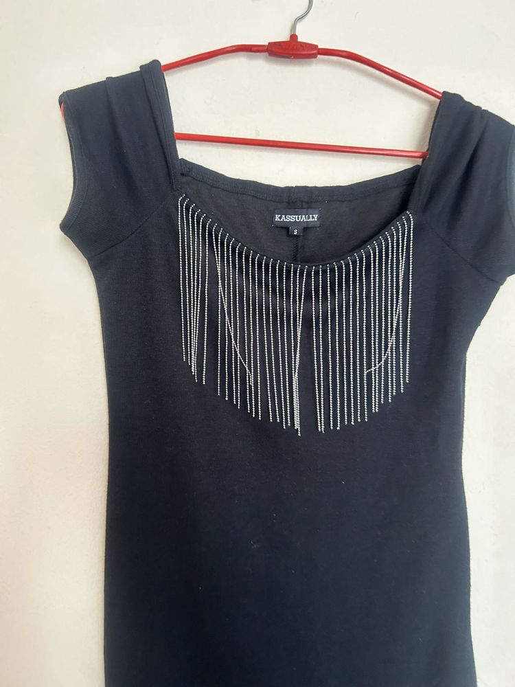 Chic Black Fringe Detail Dress