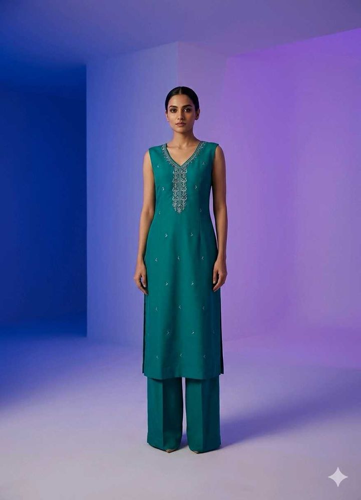 Elegant Teal Kurta Set with Embellished Neckline