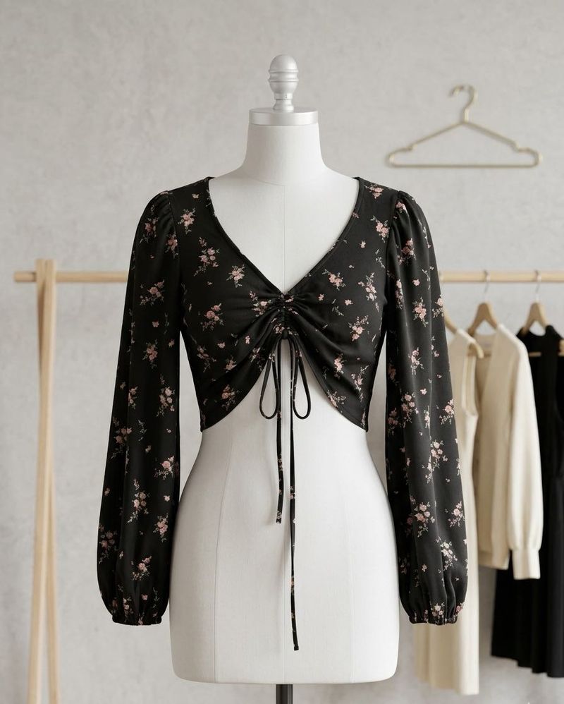 Floral Print Cropped Tie-Front Top