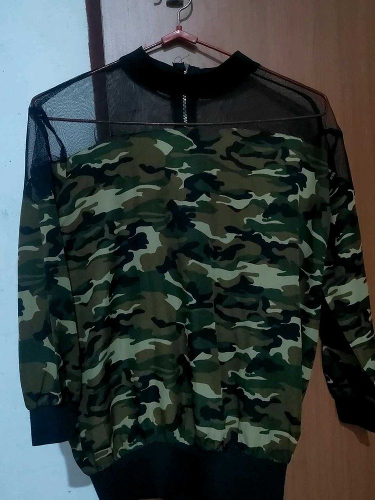 Camo Print Mesh Yoke Top