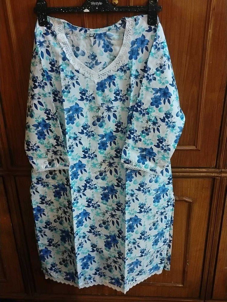 Blue Floral Kurta with White Lace Trim