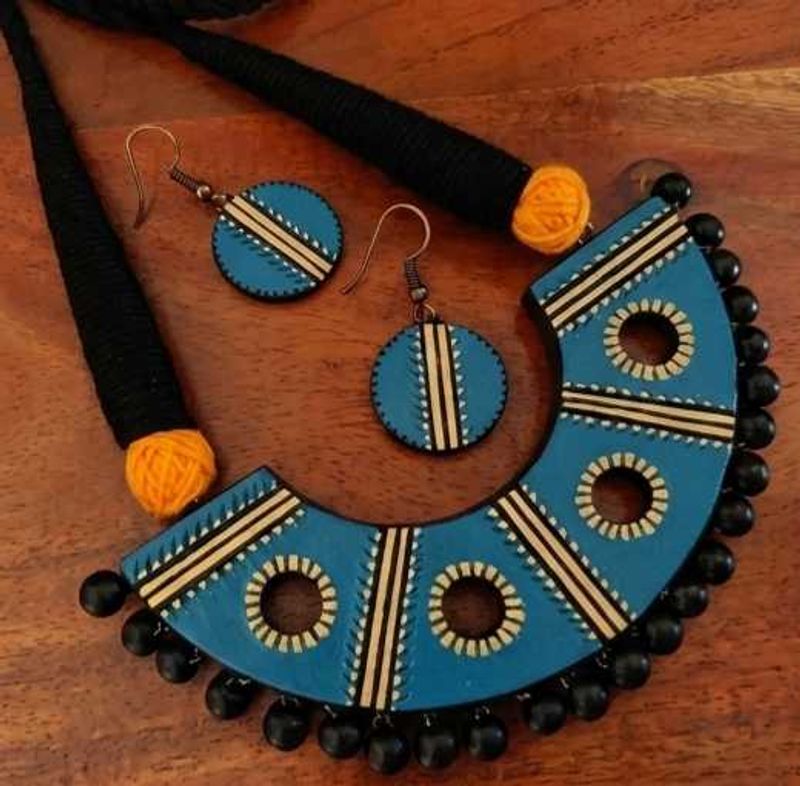 Boho Blue Terracotta Necklace &amp; Earrings Set