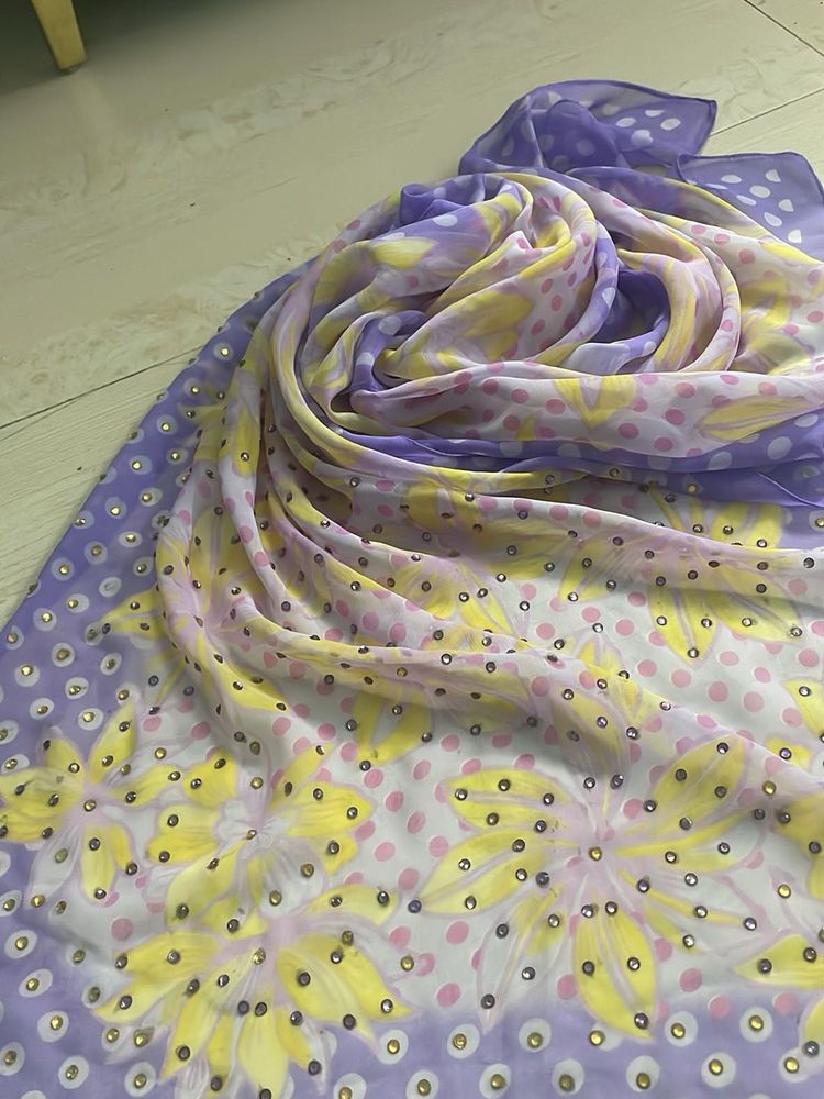 Purple N Yellow Chiffon Stole Wid One Side Diamond