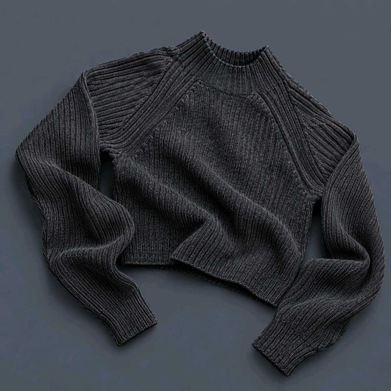 CHARCOAL BLACK RIBBED MOCK NECK CROPPED SWEATER