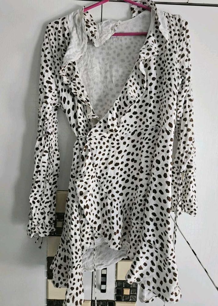 polka dot wrap ruffle mini dress