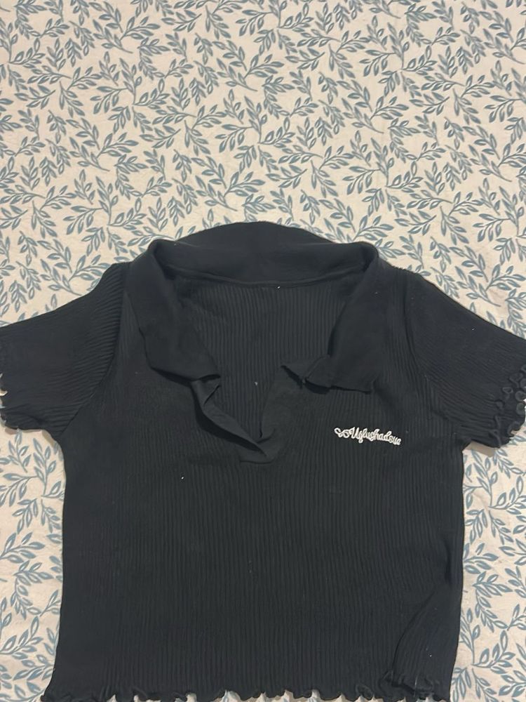 Cute Black Ribbed Polo Top