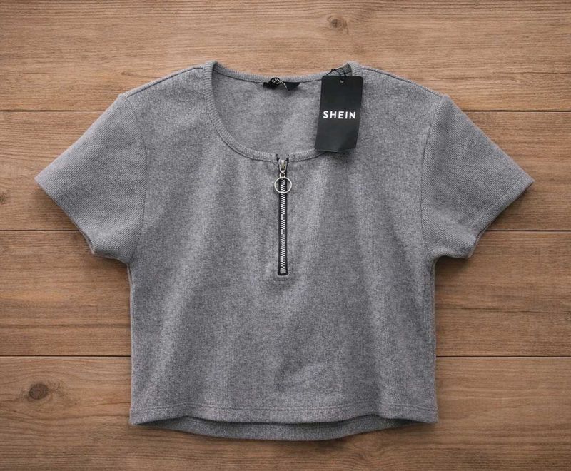 Grey Cropped Zip-Up T-Shirt