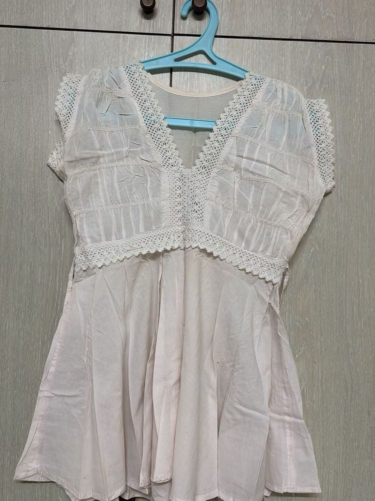 Boho Crochet Trim White short kurta