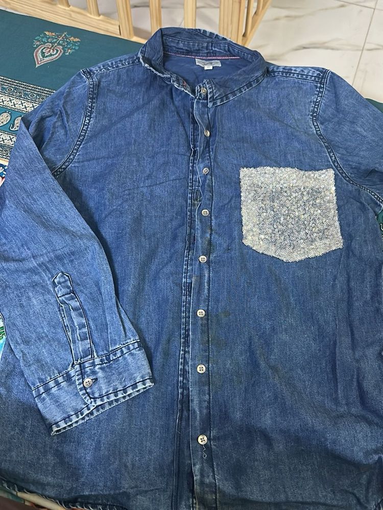 Blue Denim Shirt with Sparkly Pocket