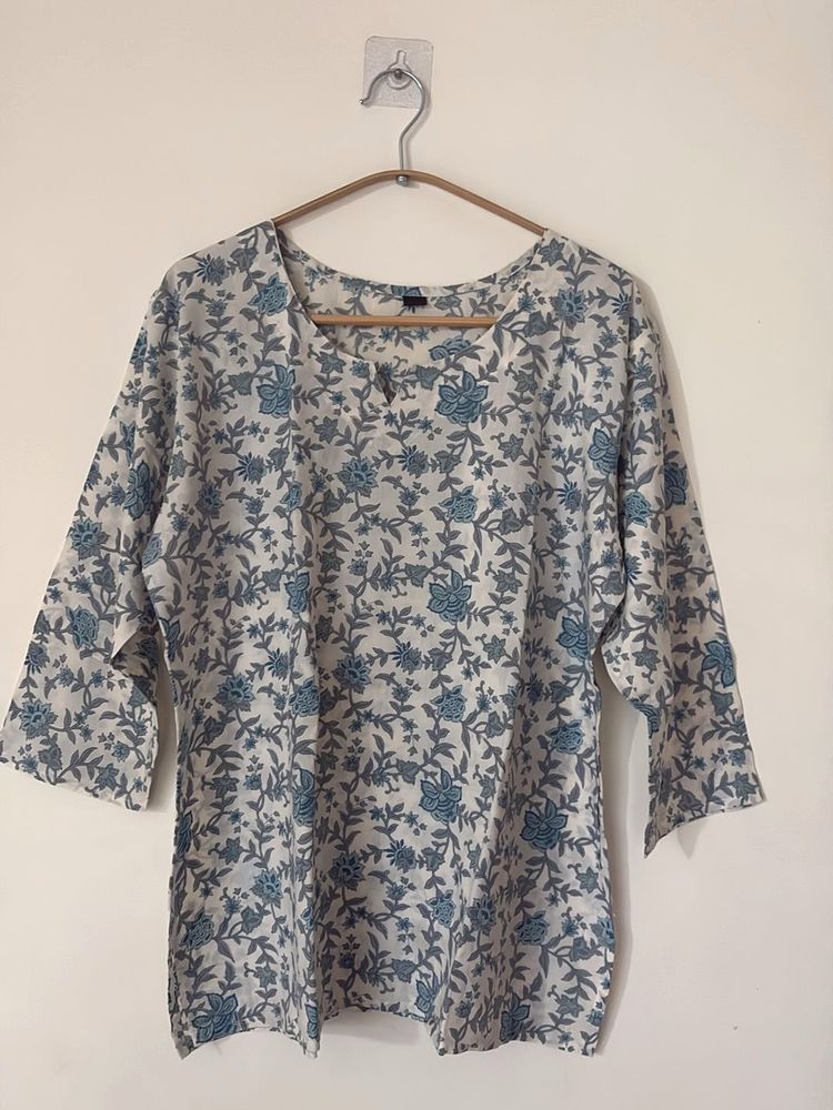Blue Floral Print Cotton Kurta