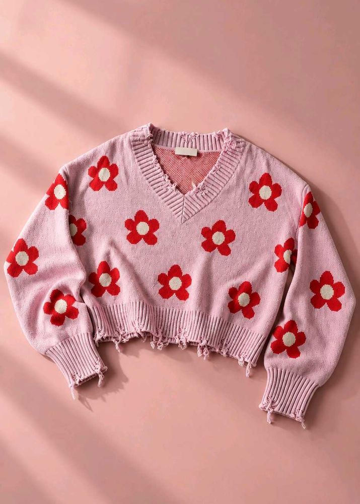 PINK RED FLOWER DISTRESSED V-NECK KNIT SWEATER