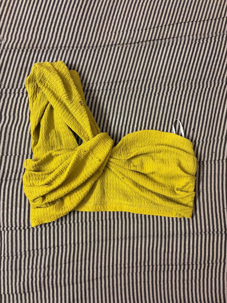 Yellow One-Shoulder Ruched Crop Top
