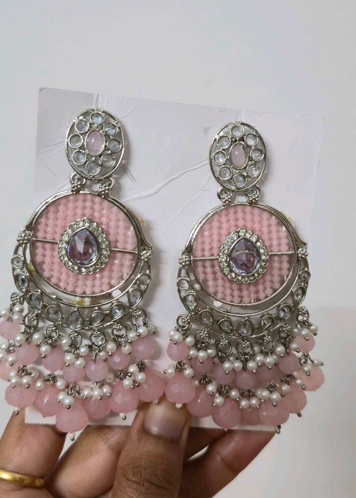 Pink Jhumka Earrings with Pearls