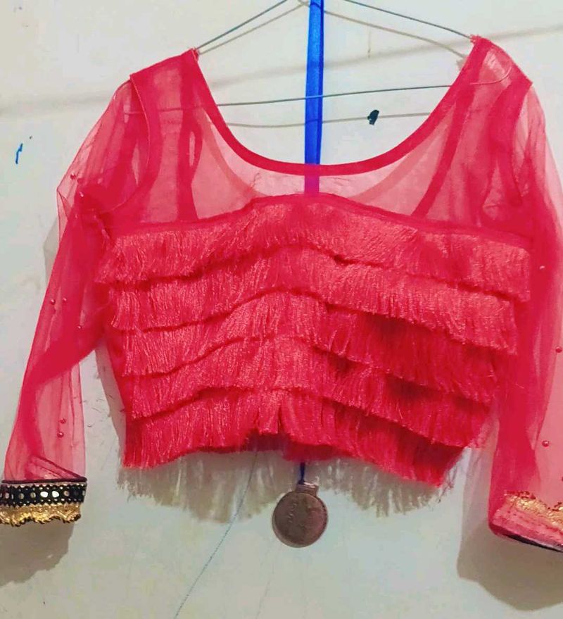 Stylish Red Blouse with Fringe Detail