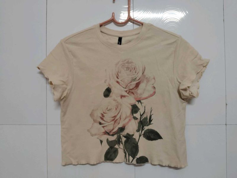 Cream Rose Print Cropped T-Shirt