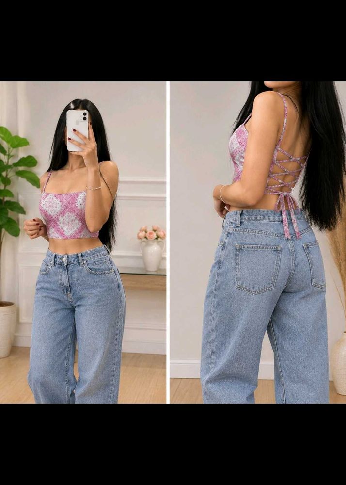 Pink Floral Printed Backless Lace-Up Crop Top for