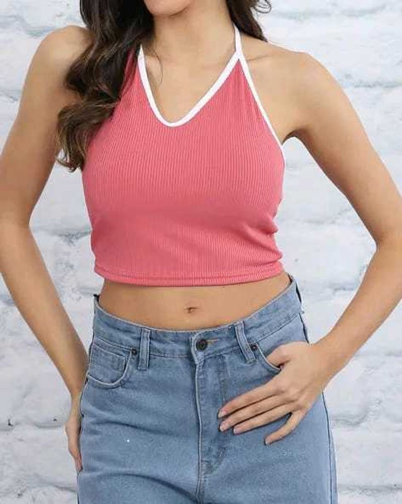Shein Fitted Halter Tie-Up Neck Contrast Top