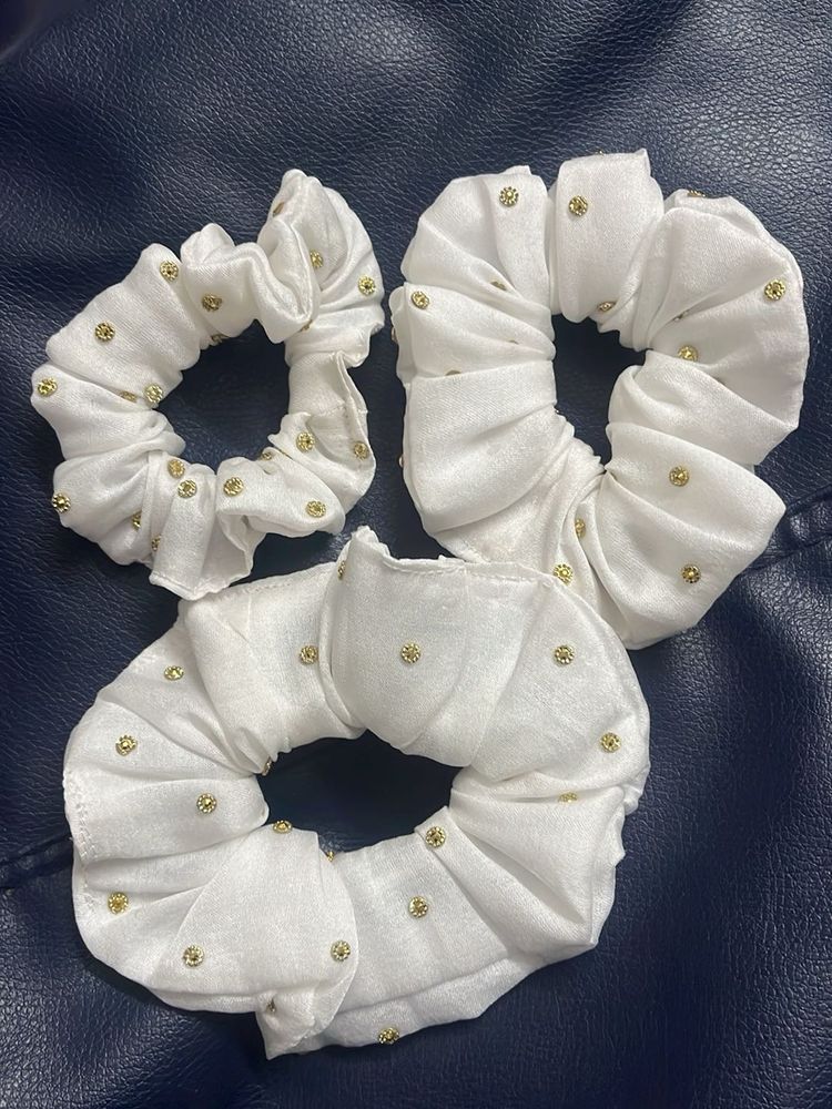 Set of 3 White Scrunchies with Gold Studs
