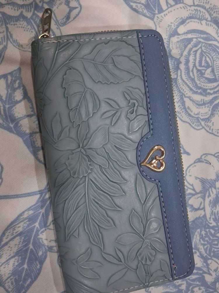 Pale Blue Floral Embossed Wallet