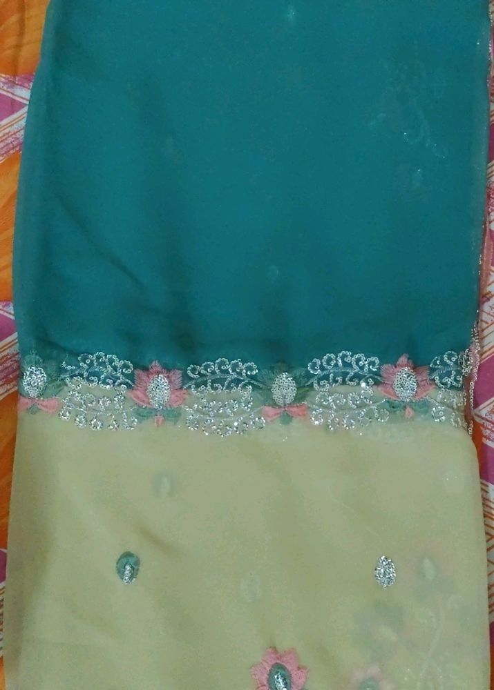 Teal &amp; Beige Embroidered Saree