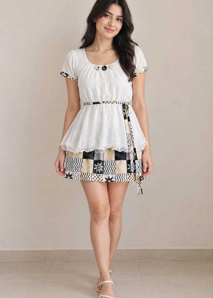 Chic White &amp; Patterned Mini Dress