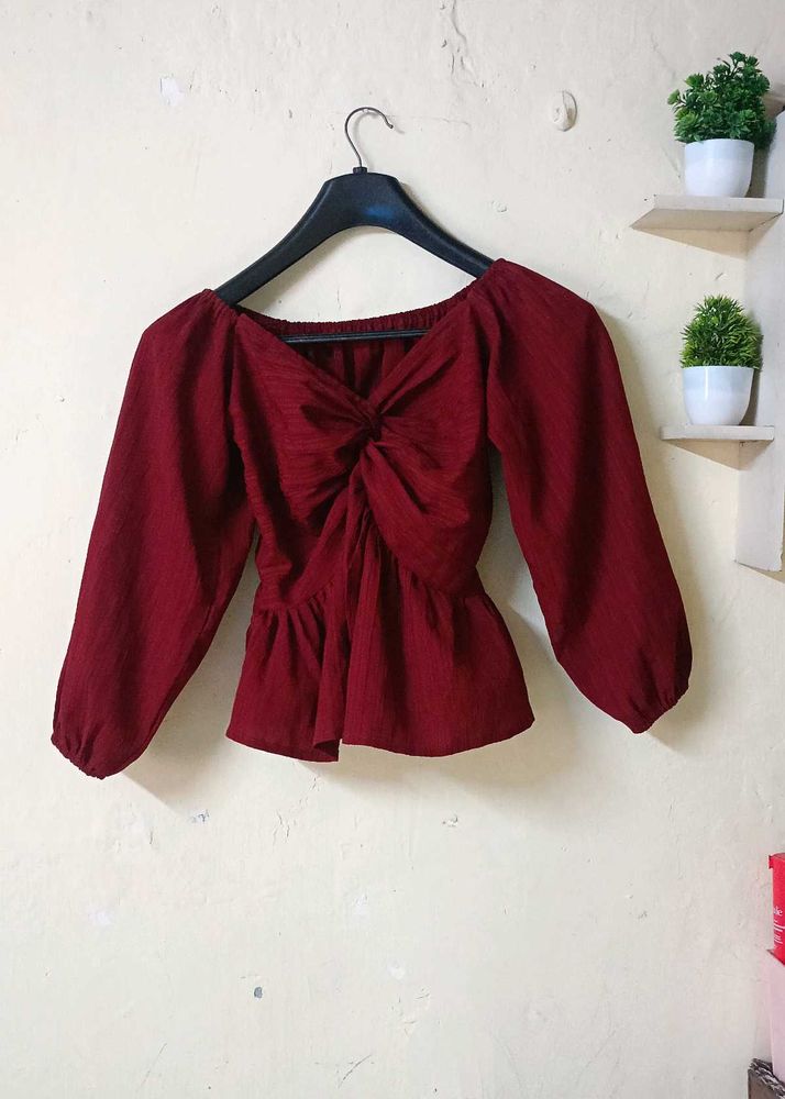 Maroon Twist Front Peplum Top