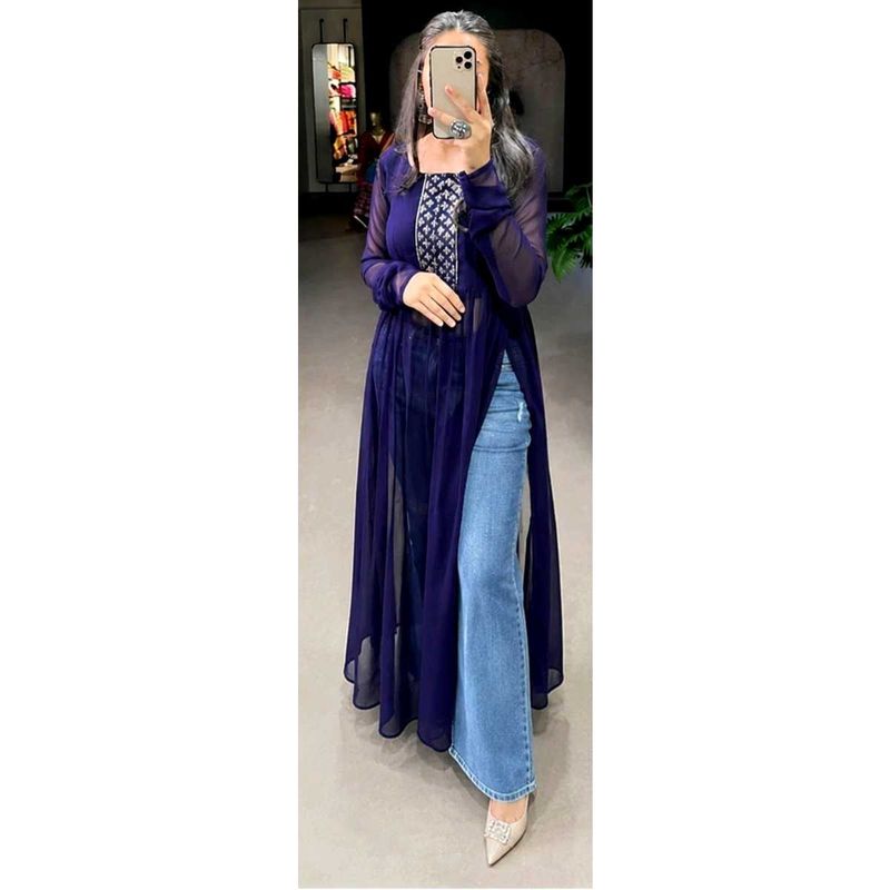Elegant Navy Blue Embroidered naira cut Kurta