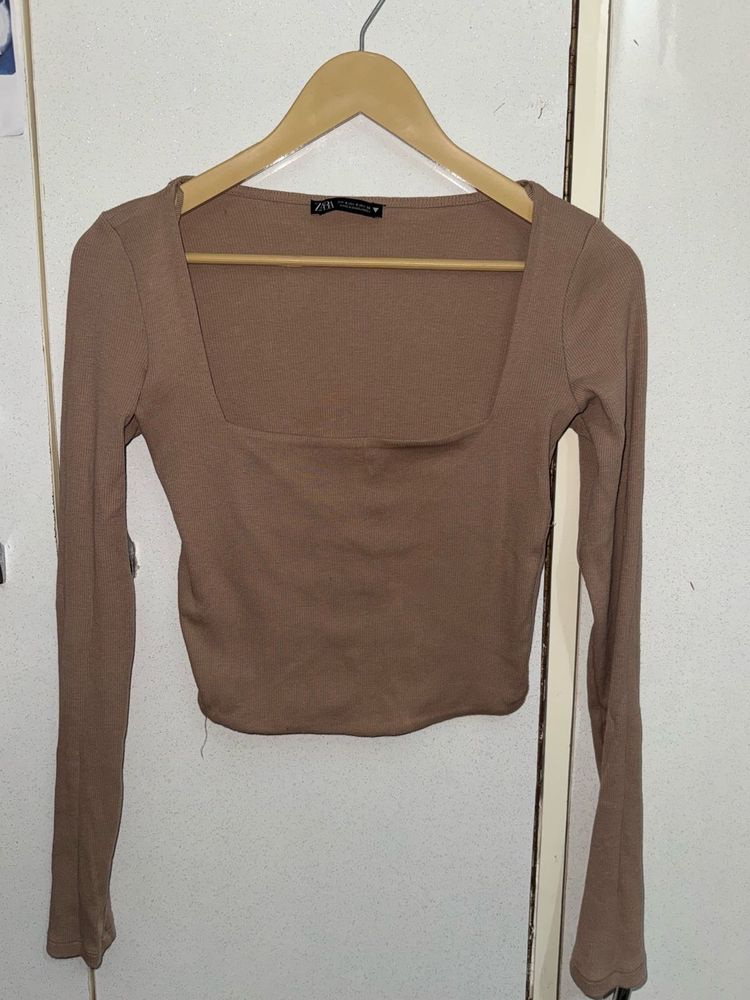 Zara Brown Ribbed Long Sleeve Crop Top