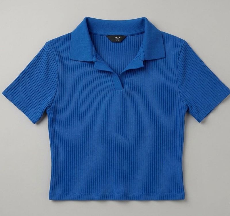 Max Ribbed Blue Polo Crop Top