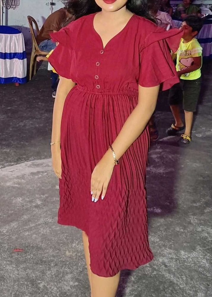 Maroon Pleated Ruffle Sleeve Dress