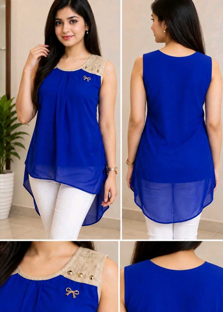 Stylish Blue Sleeveless High-Low Top