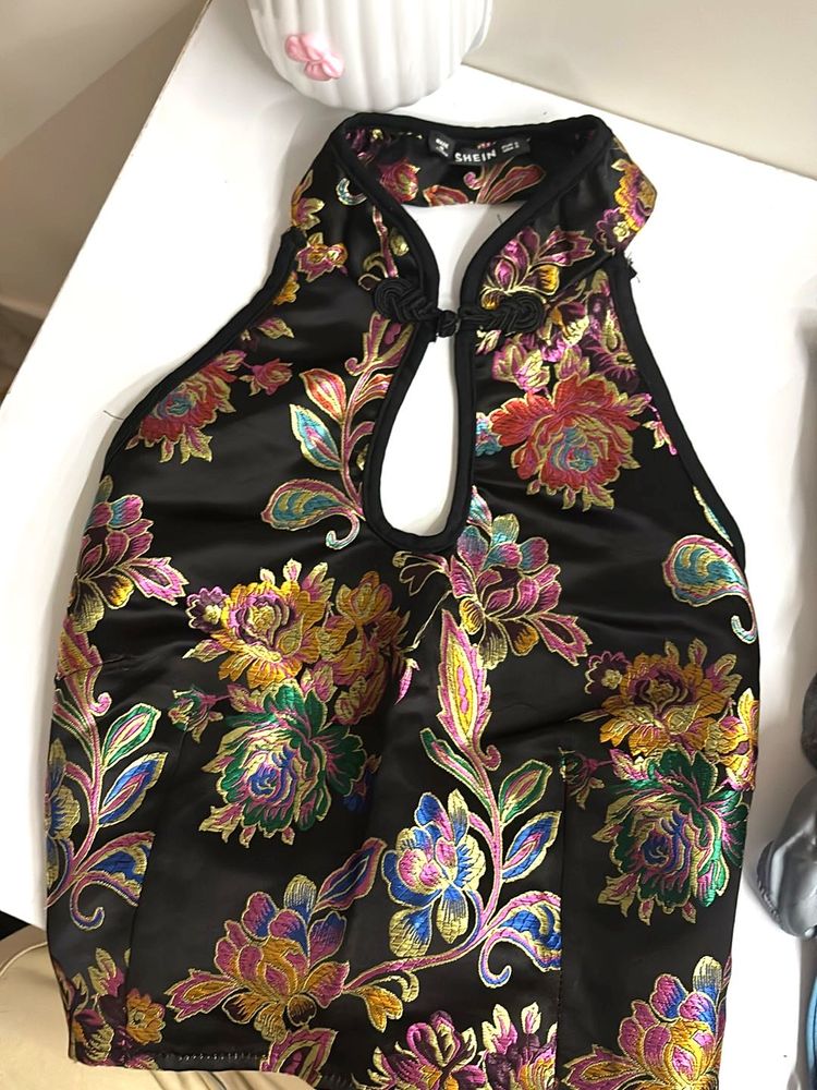 Black Floral Brocade Chinese Style Top