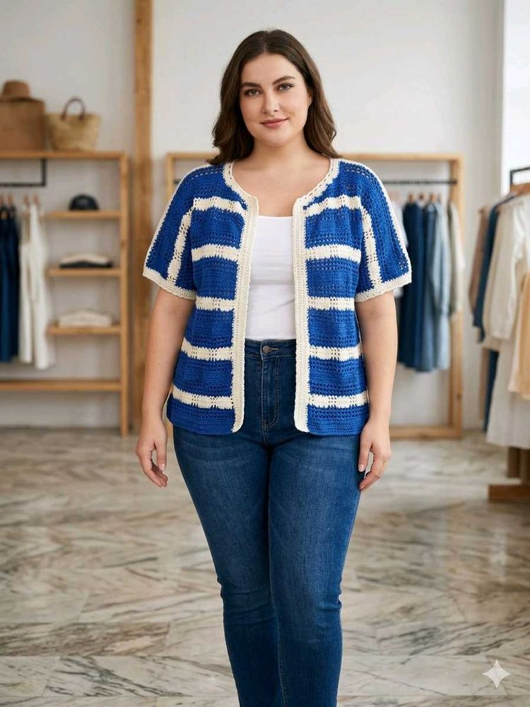 Blue &amp; White Striped Crochet Cardigan