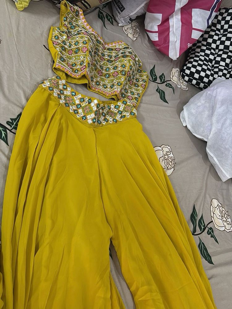 Yellow Embroidered Crop Top Palazzo with s