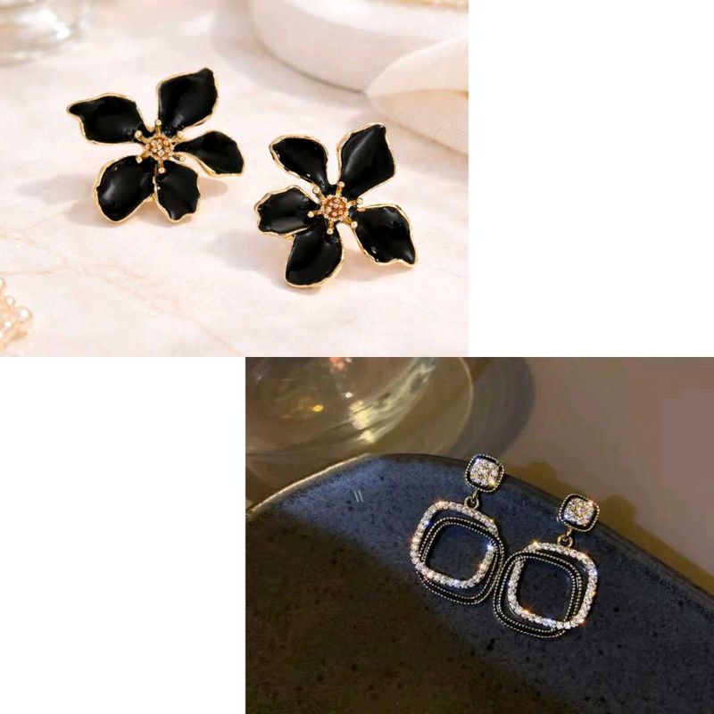 Elegant Black Flower &amp; Crystal Square Earrings