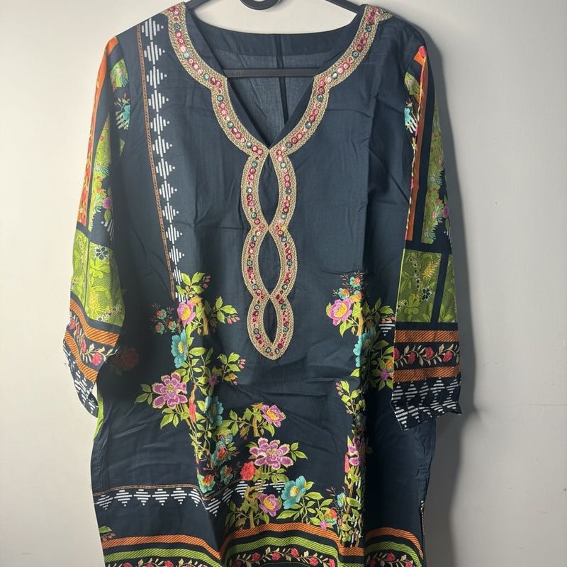 Dark Blue Floral Embroidered Kurta with dupatta