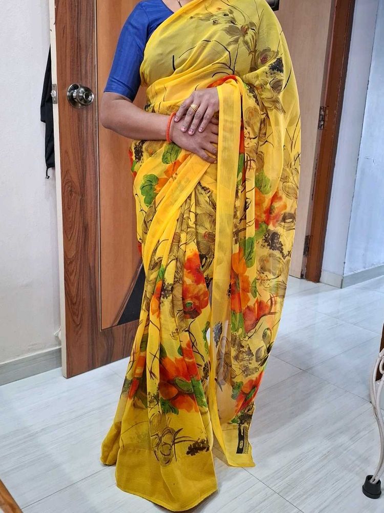 Yellow Floral Print Saree