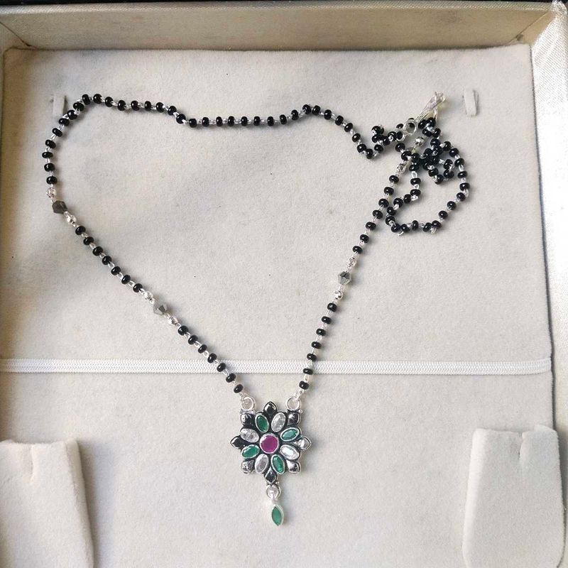 PureSilver Single Line Green&amp;Pink Stone Mangalsutr