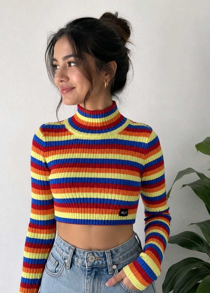 Rainbow Striped Cropped Turtleneck Sweater.