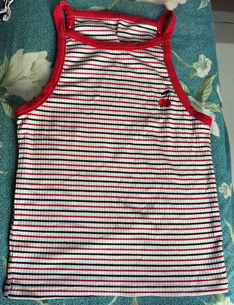 Striped Cropped Tank Top with Cherry Print