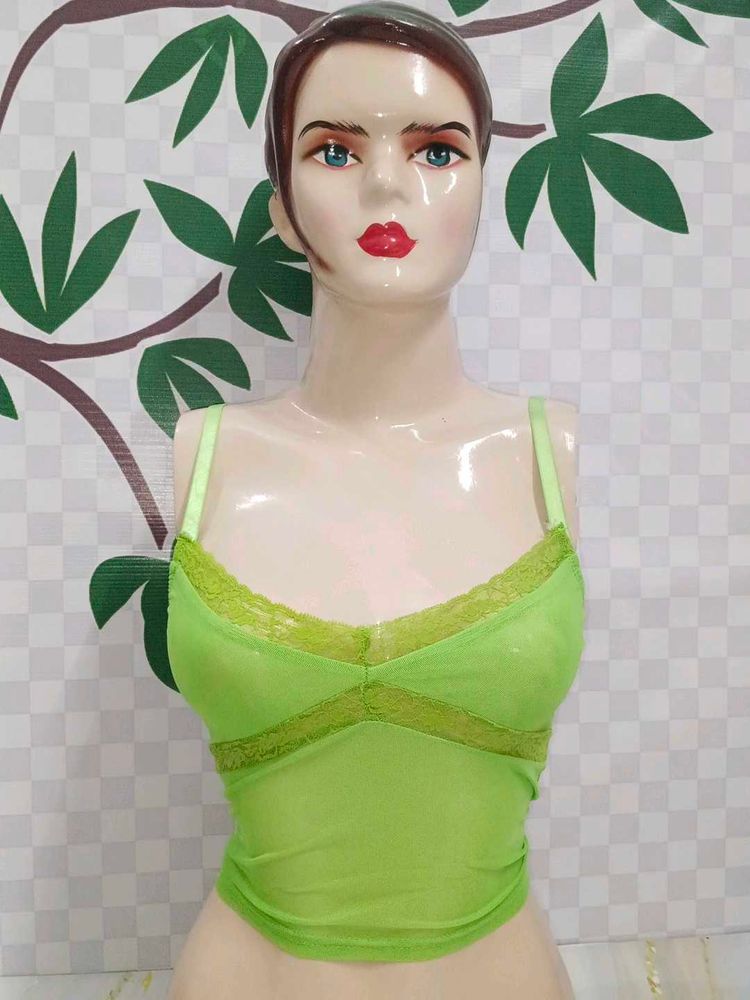 (200)Green Lace Trim Tank Top