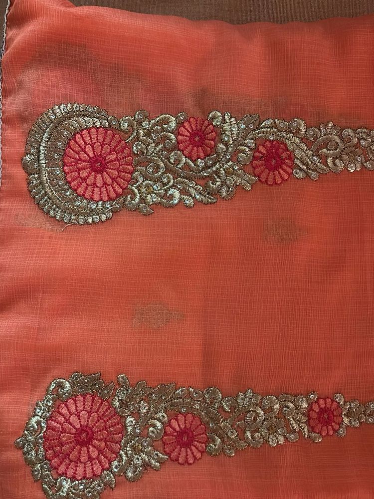Embroidered Orange Saree