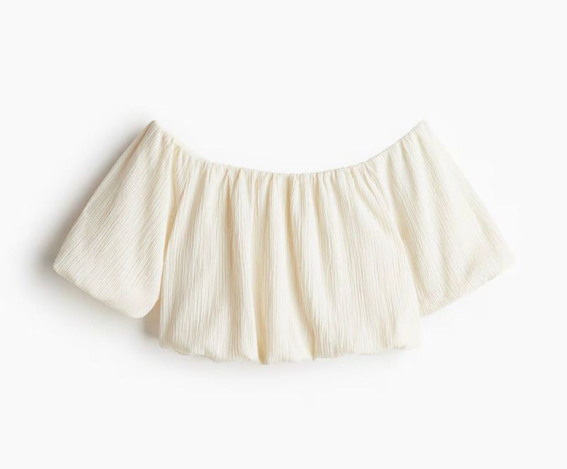 Cream Off-Shoulder Textured Crop Top