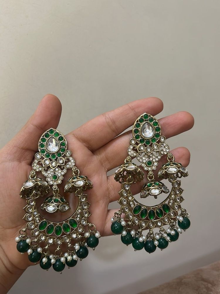 Elegant Green Stone Jhumka Earrings