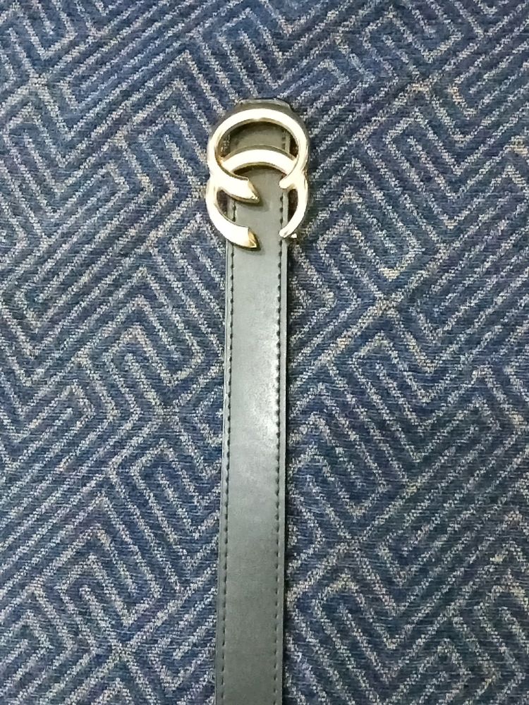 Faux Leather Black Belt With Golden Buckle